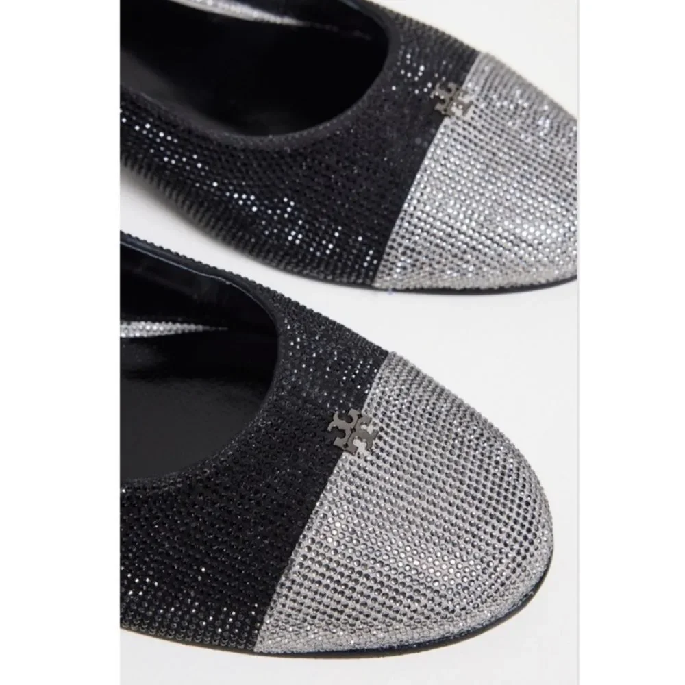 Tory Burch Cap Toe Pave Slingback Heels in Black Silver Size 7